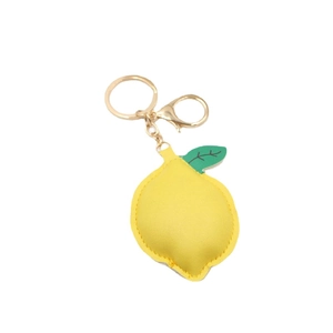 Bright yellow lemon PU leather keychain with green leaf and gold metal keyring