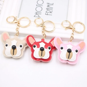 Cute PU leather French bulldog keychains in beige, red and pink with gold lobster clasps