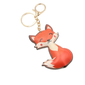 Porte-clés renard en cuir orange de style dessin animé avec fermoir doré et anneau métal