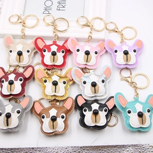 Cute French Bulldog PU Leather Keychain Printed Animal Bag Charm Colorful Puppy Key Ring Decoration Gift For Women Men