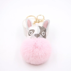 Portachiavi bulldog in pelle con pompon rosa e gancio dorato per borsa donna