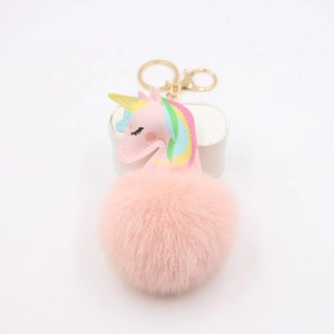Cute Unicorn Pom Pom Keychain For Girls Bag Charm Synthetic Leather Artificial Fur Alloy Key Ring Decorative Gift Cartoon Animal Accessory