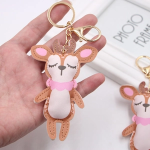 Cartoon Christmas reindeer keychain in brown PU leather with golden metal ring and clasp