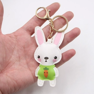 Cute white bunny PU leather keychain with carrot motif and golden lobster clasp