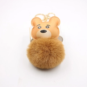 Cartoon Tiger Head PU Leather Pom Pom Keychain Cute Animal Furry Bag Pendant For Women Girls Gold Alloy Key Ring Accessories