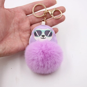 Fashionable purple faux fur sloth keychain with golden metal clasp for women bags