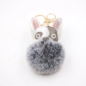 Simpatico Portachiavi con Testa di Bulldog Francese in Pelle PU e Pompon in Pelliccia Artificiale Ciondolo per Borsa Donna Accessori