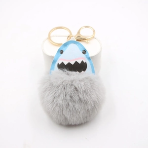 Cartoon shark plush ball keychain with grey faux fur and golden lobster clasp ring