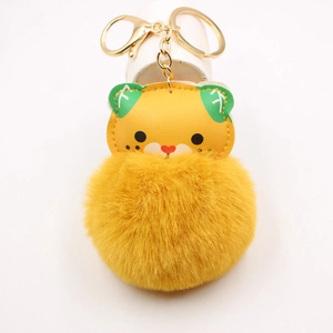 Cartoon Tiger Plush Pom Pom Keychain For Women Bags Leather Animal Head Alloy Gold Clasp Creative Bag Charm Accessory