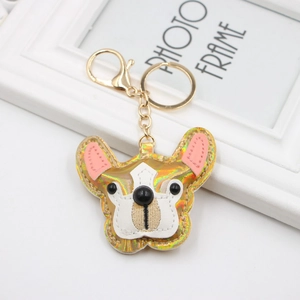 Laser gold French Bulldog PU leather keychain accessory with metallic lobster clasp and ring