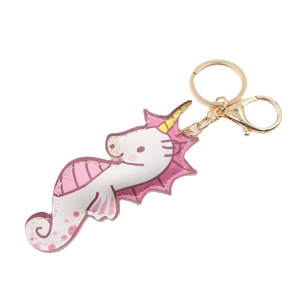 Portachiavi creativo a forma di ippocampo unicorno in ecopelle bianca con cuciture rosa