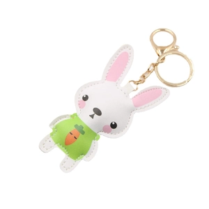 Cute white PU leather rabbit keychain with green carrot dress and golden hardware
