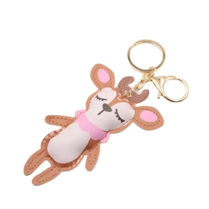 Cute brown PU leather reindeer keychain charm with gold metal lobster clasp for bags