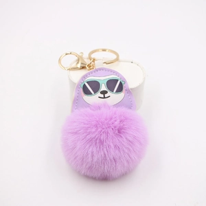 Trendy Cartoon Sloth Fur Ball Keychain Pendant For Women Leather Alloy Fluffy Pompom Bag Charm Key Ring Accessory