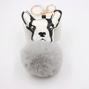 Porte-clés bouledogue français en fausse fourrure avec pompon gris et fermoir doré
