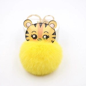 Porte-Clés en Cuir PU Tête de Tigre Dessin Animé Pendentif de Sac Pompon en Fourrure Artificielle pour Femmes Filles Mignon