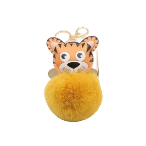 Porte-clés tigre en cuir avec pompon jaune et anneau métallique doré pour sac à main