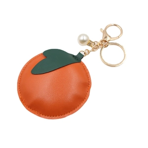 Realistic orange persimmon PU leather keychain with gold hardware and white pearl detail