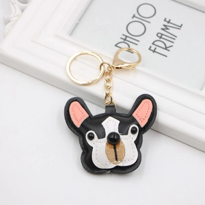 Cute black and white leather French Bulldog keychain with gold metal lobster clasp