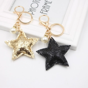 Sparkling Glitter Star Keychain With Faux Artificial Pearl Alloy Sequin Star Bag Charm For Women Schoolbag Key Ring Gold Black