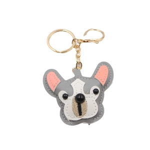 Cute gray and white PU leather French Bulldog keychain with golden metal ring and chain