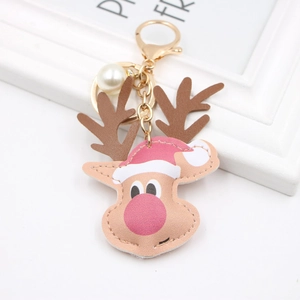 Christmas Reindeer Faux Leather Keychain With Artificial Pearl Gold Alloy Ring Cartoon Deer Xmas Bag Pendant Decoration For Women