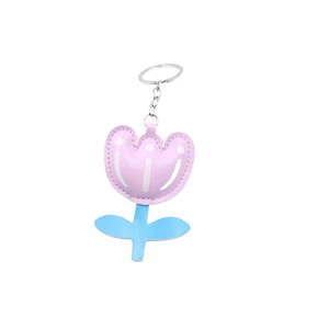 Pink tulip leather flower keychain with blue leaves and silver metal ring accessory