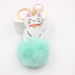 Lucky cat plush keychain with mint green pompom and golden keyring for bags