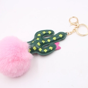 Cute cactus plush pompom keychain with green leather and pink fluffy fur ball