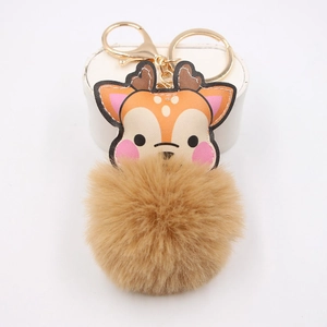 Cute Faux Fur Pom Pom Keychain Alloy PU Leather Cartoon Sika Deer Bag Charm For Women Girls Christmas Backpack Decoration