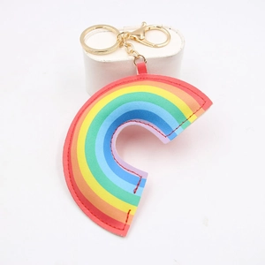 Rainbow leather bag charm with colorful stripes and gold lobster clasp keychain
