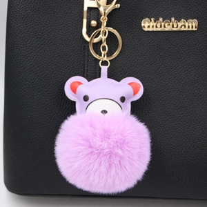 Cute Faux Fur Ball Bear Keychain For Women Bag Pendant PU Leather Animal Pom Pom Keychain Accessory Gift For Girls