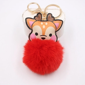 Cute deer plush pom pom keychain with red faux fur ball and golden metal ring