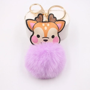 Detailed close-up of purple faux fur pompom with cartoon deer head on white stand