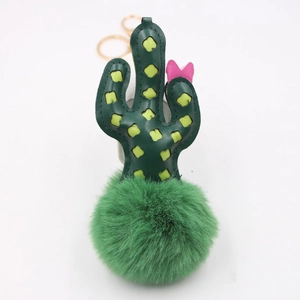Creative Cactus Leather Keychain With Large Faux Fur Pompom Gold Alloy Clasp Cute Desert Plant Bag Pendant For Women Girls