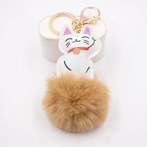 Detail of cartoon lucky cat keychain with large brown fur ball and golden metal clasp