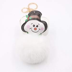 Christmas snowman faux fur pompom keychain with gold metal clasp on white background