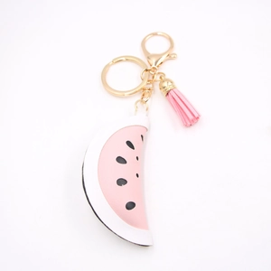 Watermelon slice PU leather keychain with pink tassel and gold metal lobster clasp