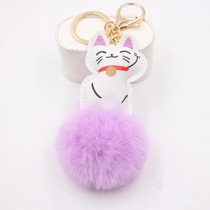 Maneki Neko plush keychain with white cat head and light purple faux fur ball on stand
