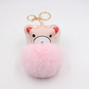 Cute pink plush bear pom pom keychain with gold lobster clasp for bag decoration