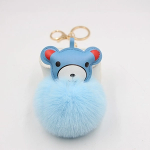 Cute sky blue bear pom-pom keychain with golden lobster clasp for handbags and gift decor