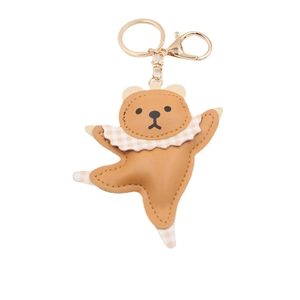 Süßer brauner Leder-Bären-Schlüsselanhänger mit gelbem Karohalsband und goldener Kette