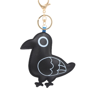 Cute black crow leather keychain with gold metal lobster clasp and blue ribbon detail