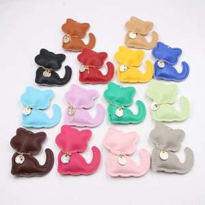Cute Cartoon Cat PU Leather Bag Charm Keychain With Gold Chain Rhinestone Metal Tag DIY Phone Case Wristband Accessory For Women