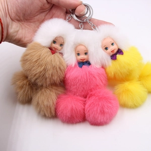 Cute Sleeping Doll Plush Pom Pom Keychain For Women Soft Artificial Fur Ball Bag Pendant Alloy Metal Key Ring Girls Gift Accessory