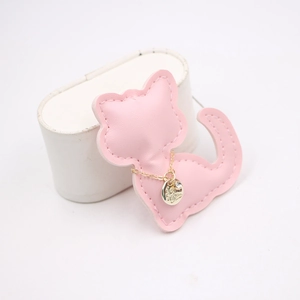Pink cat-shaped PU leather pendant with golden metal tag engraved with Just For You