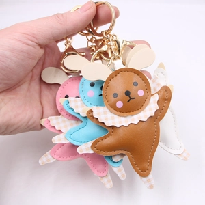 Cartoon ballet rabbit leather keychains with plaid scarves in four colors