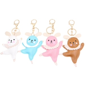 Handmade ballet rabbit leather keychains in four colors with plaid scarves and gold rings