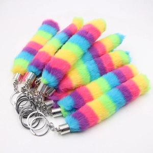Rainbow Faux Fur Tail Keychain For Women Girls Cute Plush Bag Charm Alloy Multicolor Striped Furry Pendant Wallet Decoration Accessories