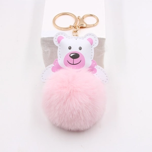 Cute white PU leather bear and pink faux fur ball keychain with golden metal ring